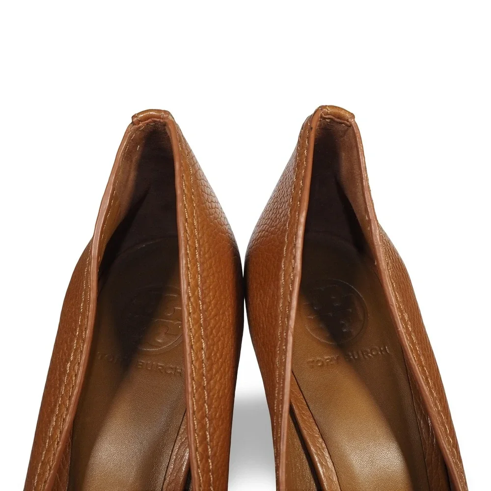 Tory Burch Amanda Peep Toe Leather Wedge Shoes‎ Tan Womens 10.5M Logo Medallion
